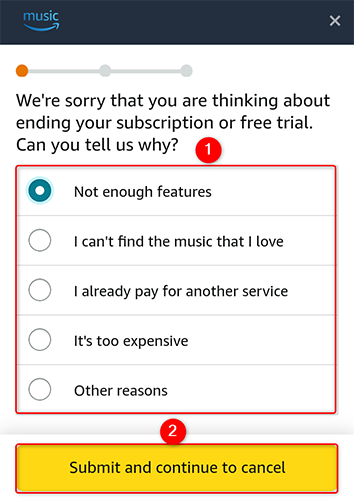 Выберите причину и нажмите Отправить и продолжить отмену