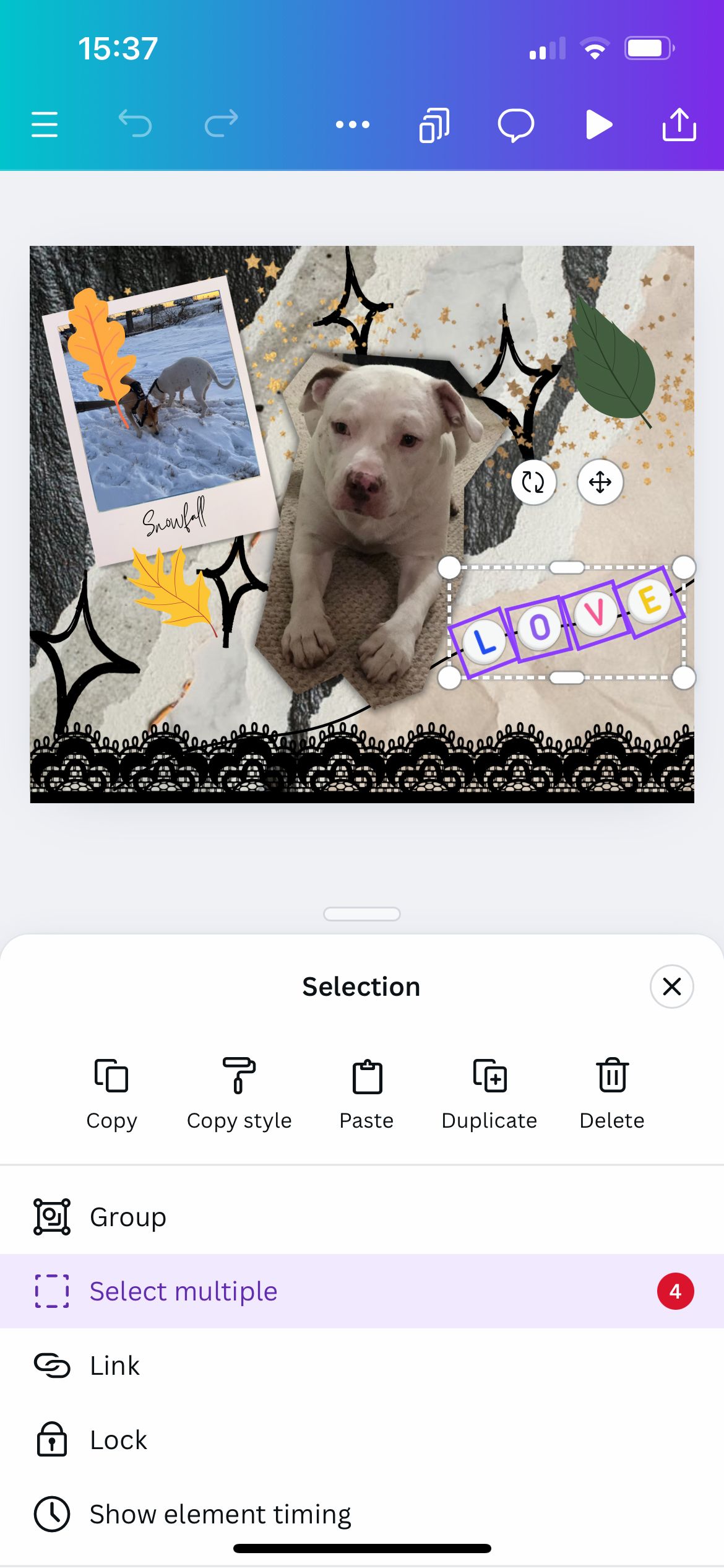 Кнопка группировки в приложении Canva