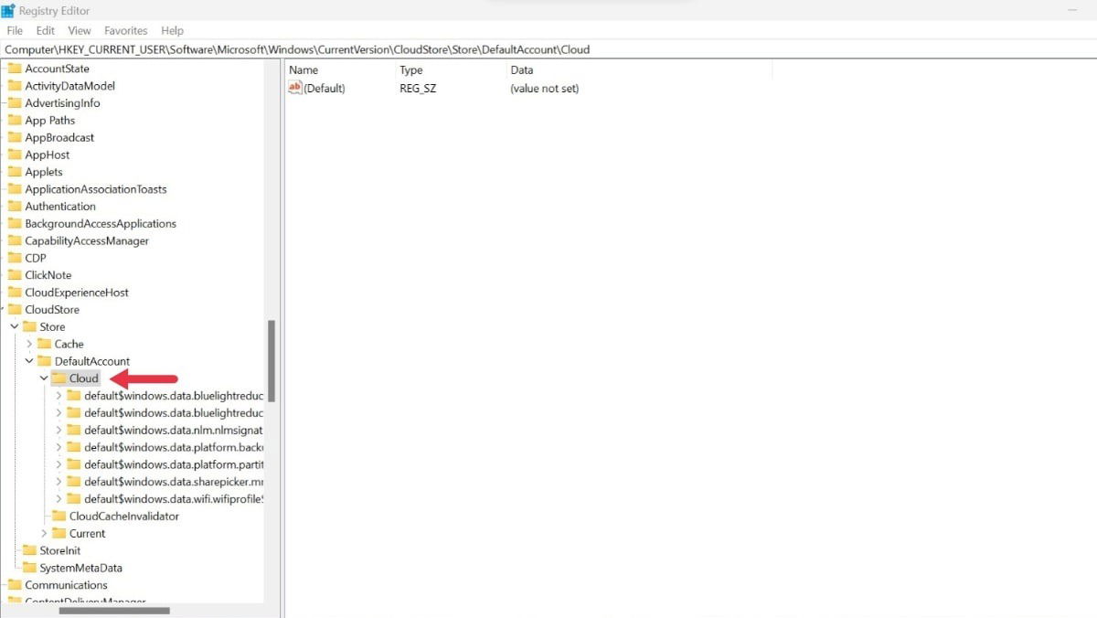 Навигация к ключу Cloud в Редакторе реестра