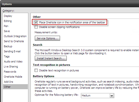 Параметры OneNote для отображения значка в области уведомлений