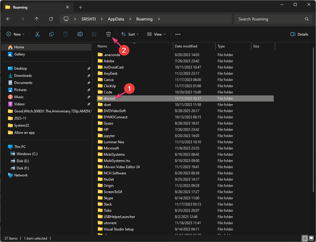 Удаление папки Discord в Roaming