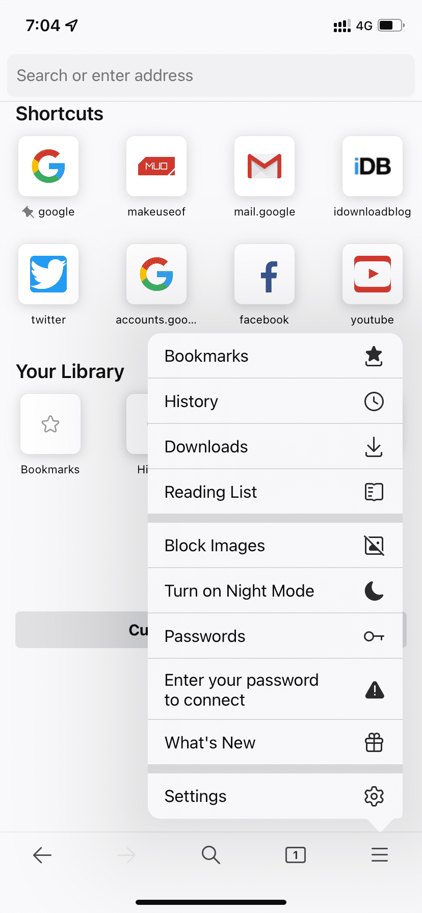 Окно настроек Firefox на iPhone