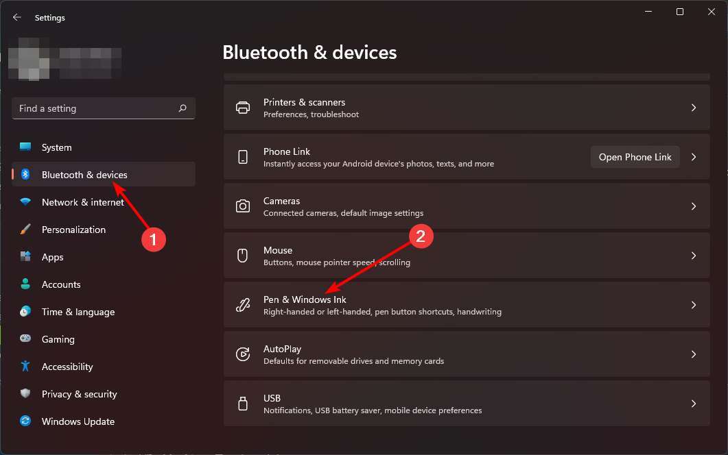 Переход к настройкам пера и Windows Ink