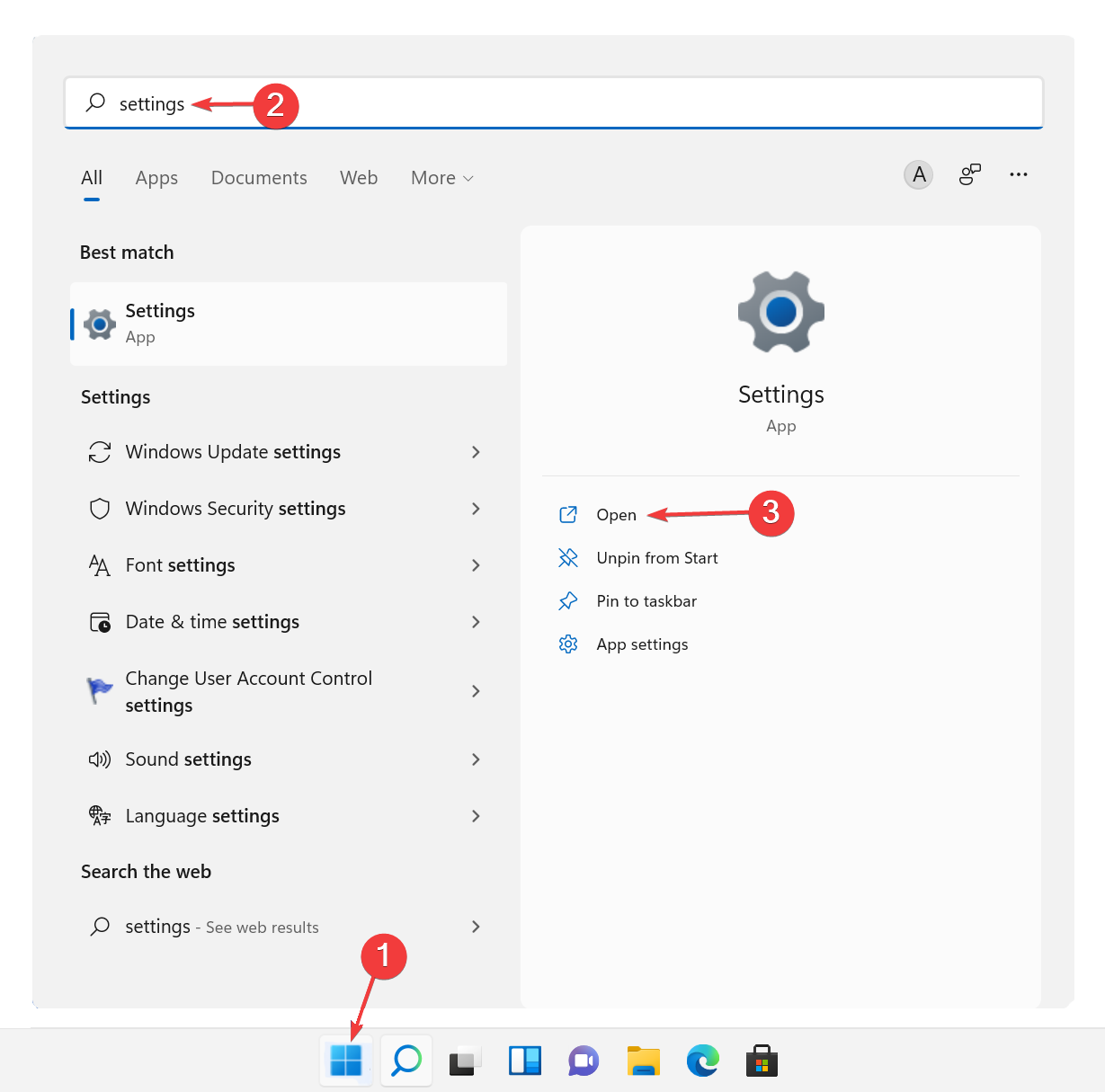 Открытие «Параметры» Windows