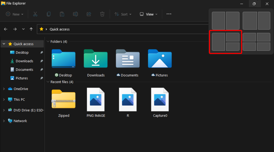 Выбор макета из трёх частей в Snap Layouts