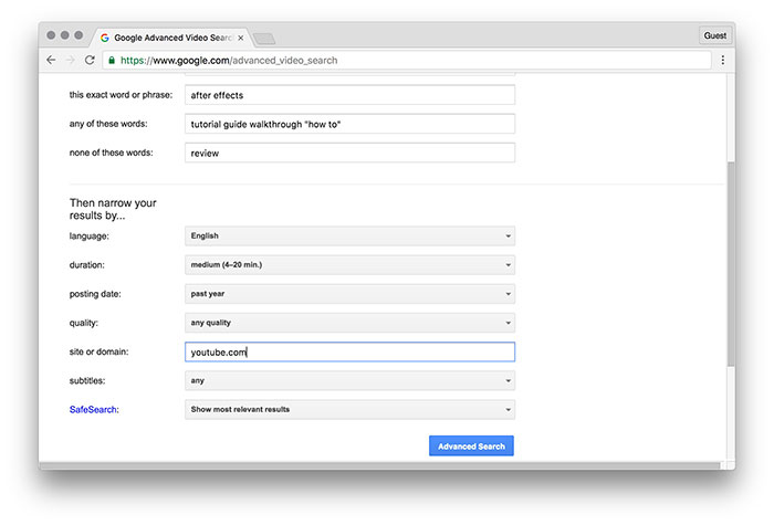 Параметр источника видео, выбран YouTube