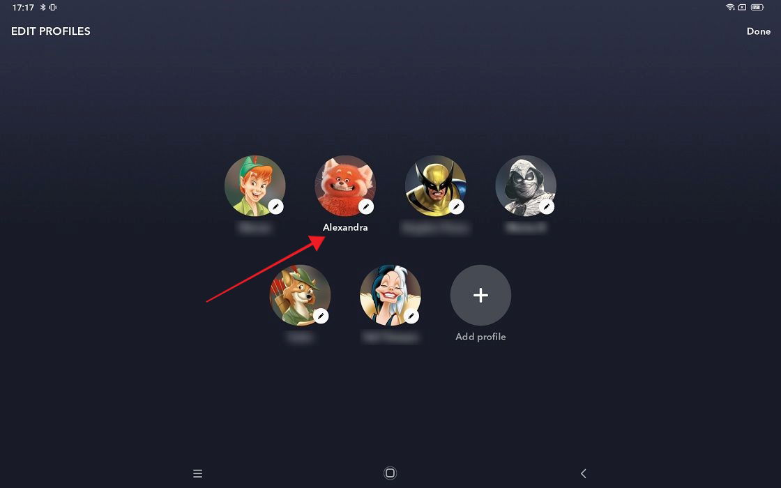 Выбор профиля для редактирования в мобильном приложении Disney Plus