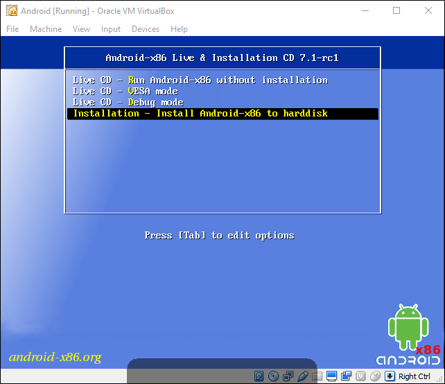 Меню загрузчика Android-x86: выбор Install