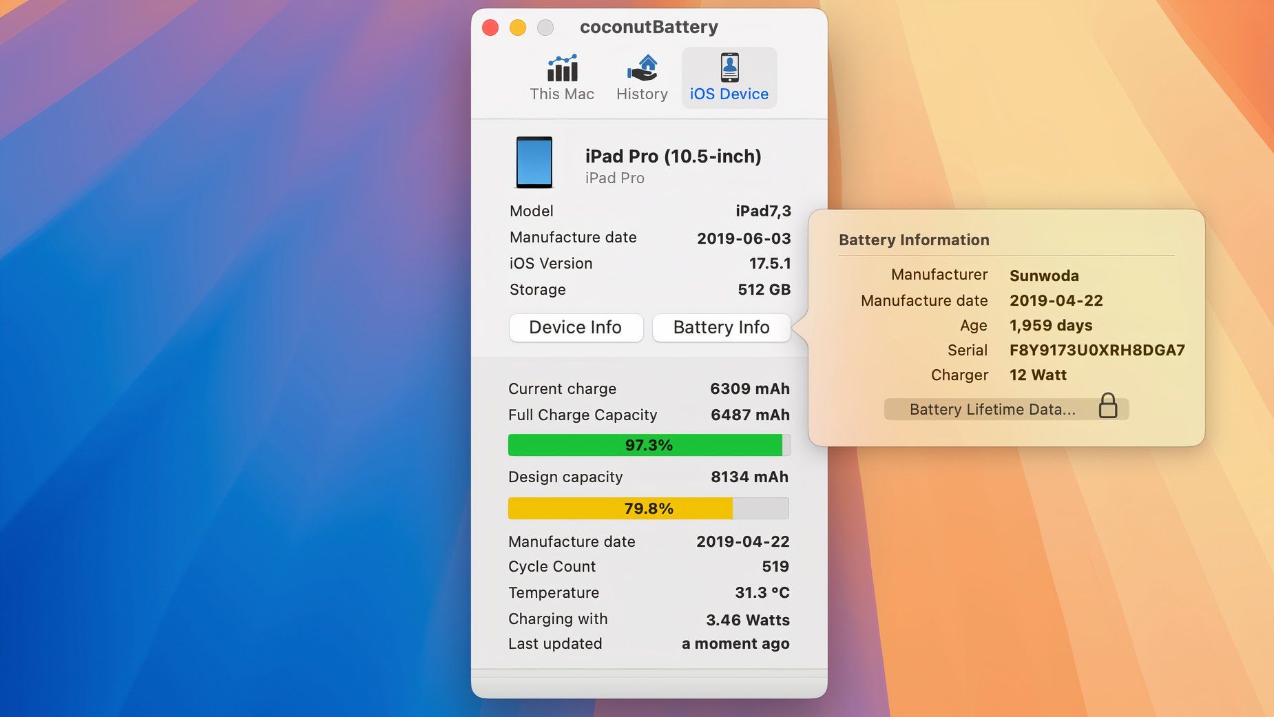 coconutBattery показывает данные батареи iPad