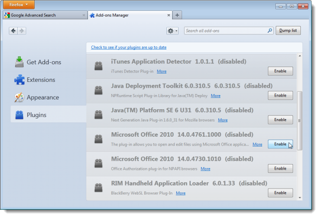 Меню отключённых плагинов в браузере