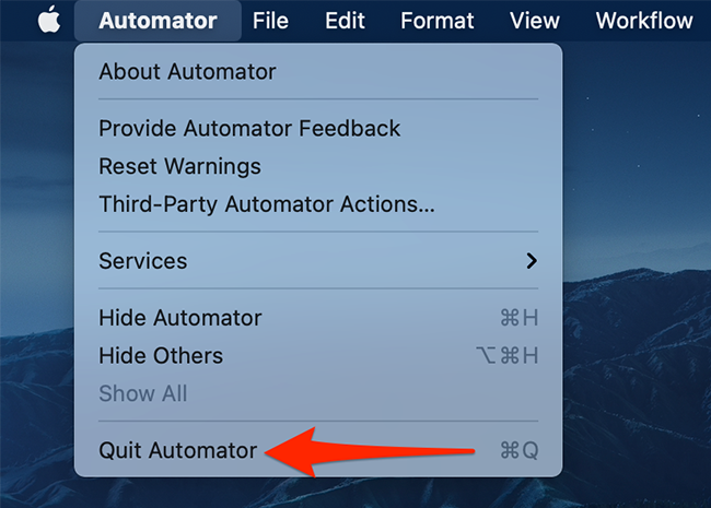 Команда Automator > Выход из Automator
