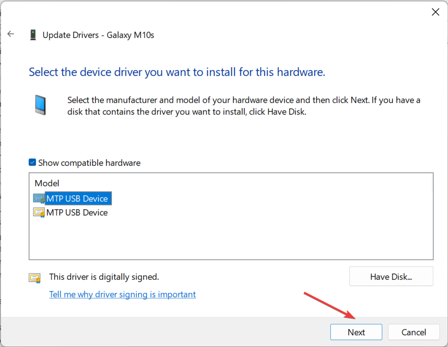 Драйвер «MTP USB Device» в списке