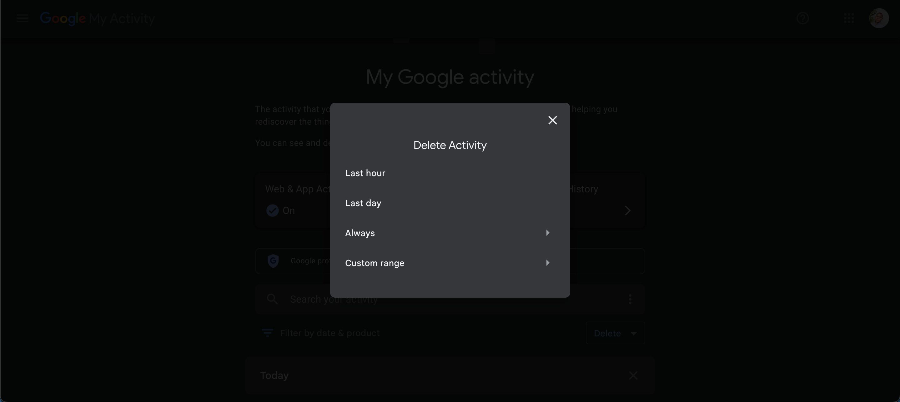 Страница удаления активности в Google