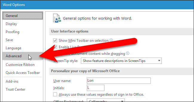 Раздел Дополнительно в окне Параметры Word