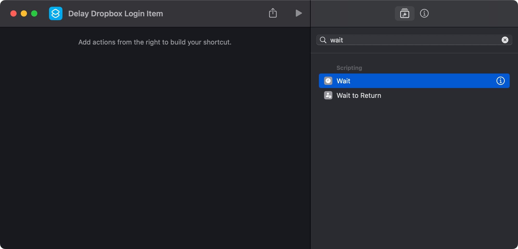 Поиск действия Ожидать в приложении Команды macOS Sonoma