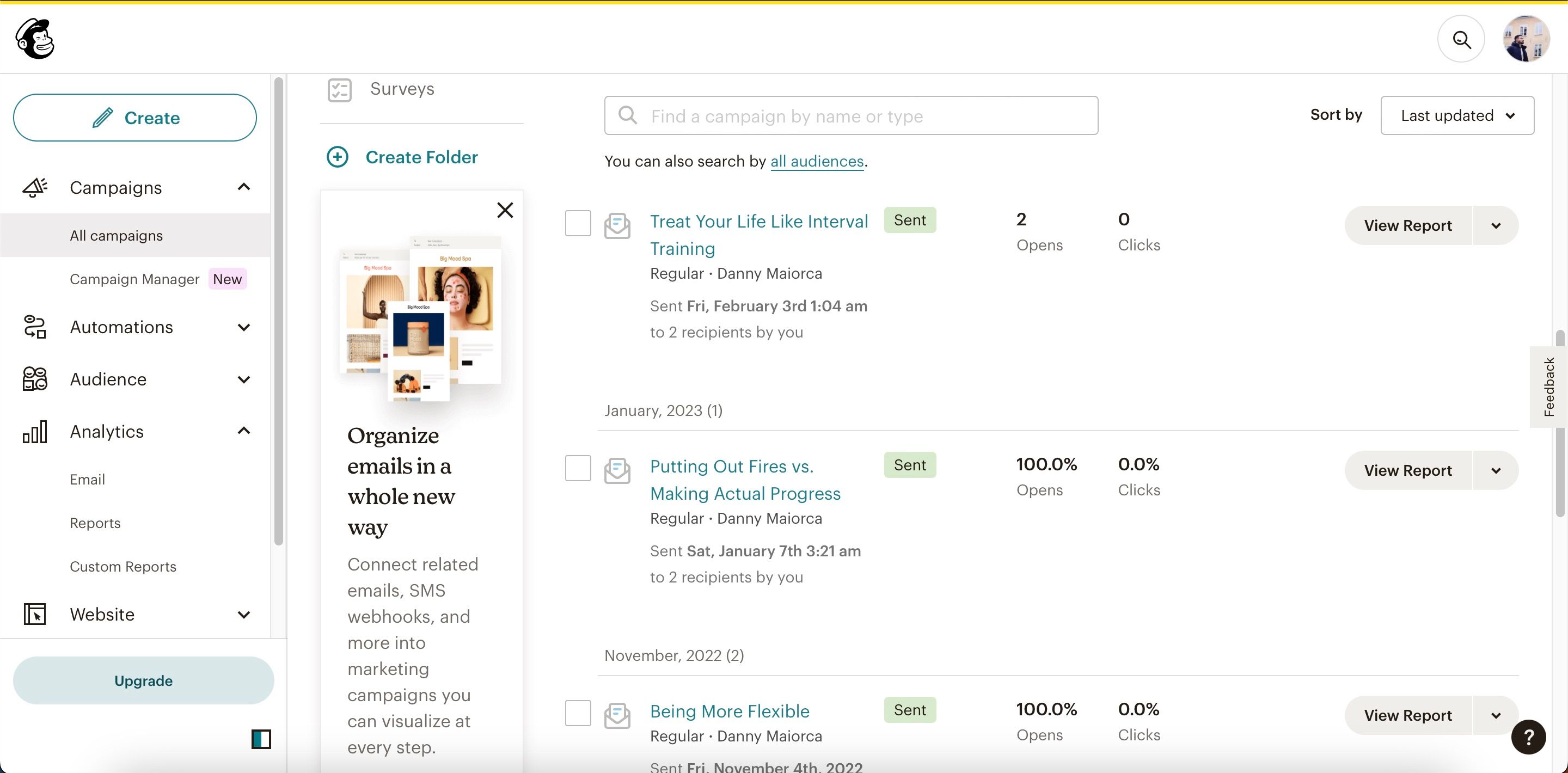 Просмотр отчётов по рассылкам в Mailchimp