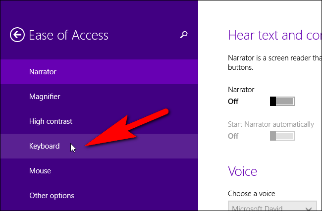 Пункт Клавиатура в специальных возможностях Windows 8