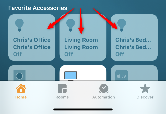Долгое нажатие на плитку лампы в приложении Дом для управления
