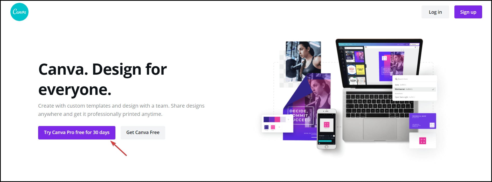 Кнопка пробной подписки Canva Pro