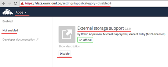 Активация поддержки внешнего хранилища в ownCloud