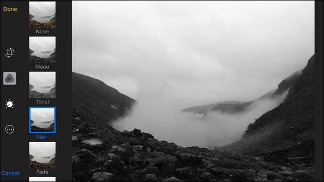 Применение фильтра Noir в Photos