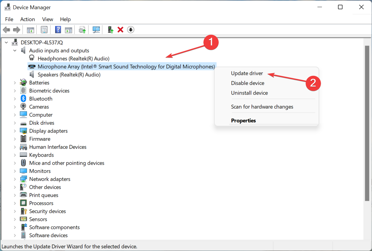 Контекстное меню устройства — Обновить драйвер
