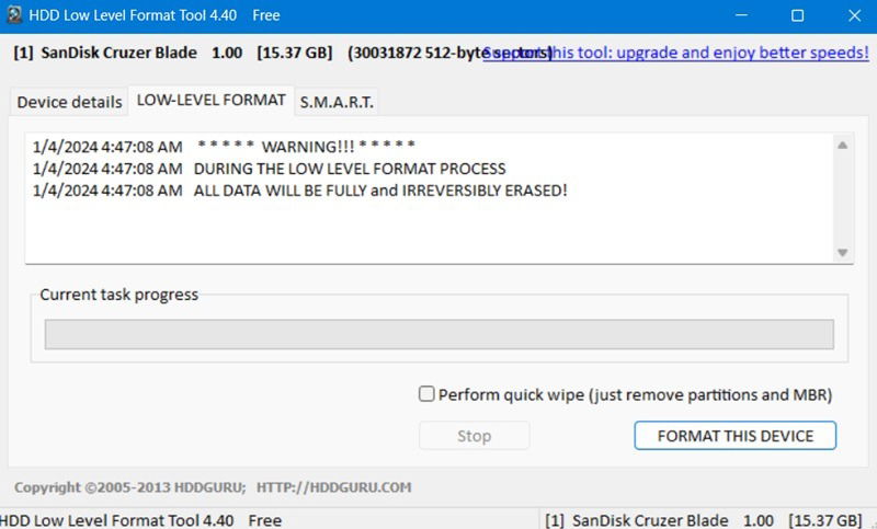 HDD Low Level Format исправляет плохие блоки на USB.