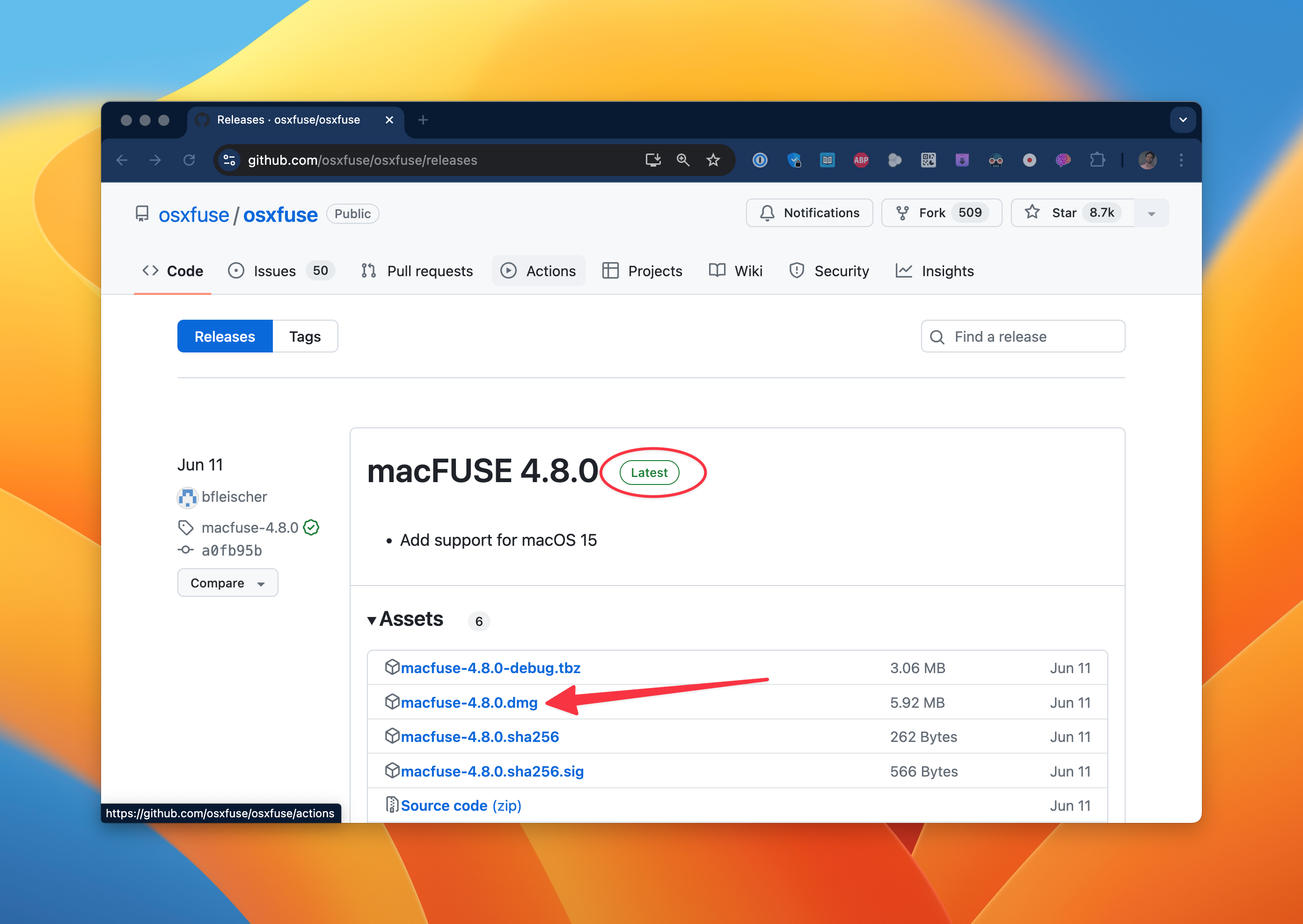 Загрузка последней версии macFUSE с GitHub