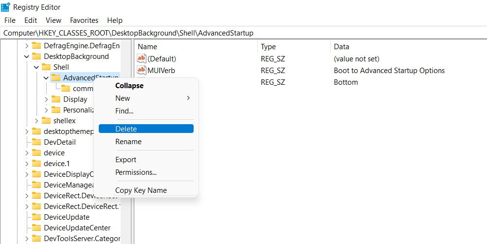 Удаление ключа AdvancedStartup в редакторе реестра