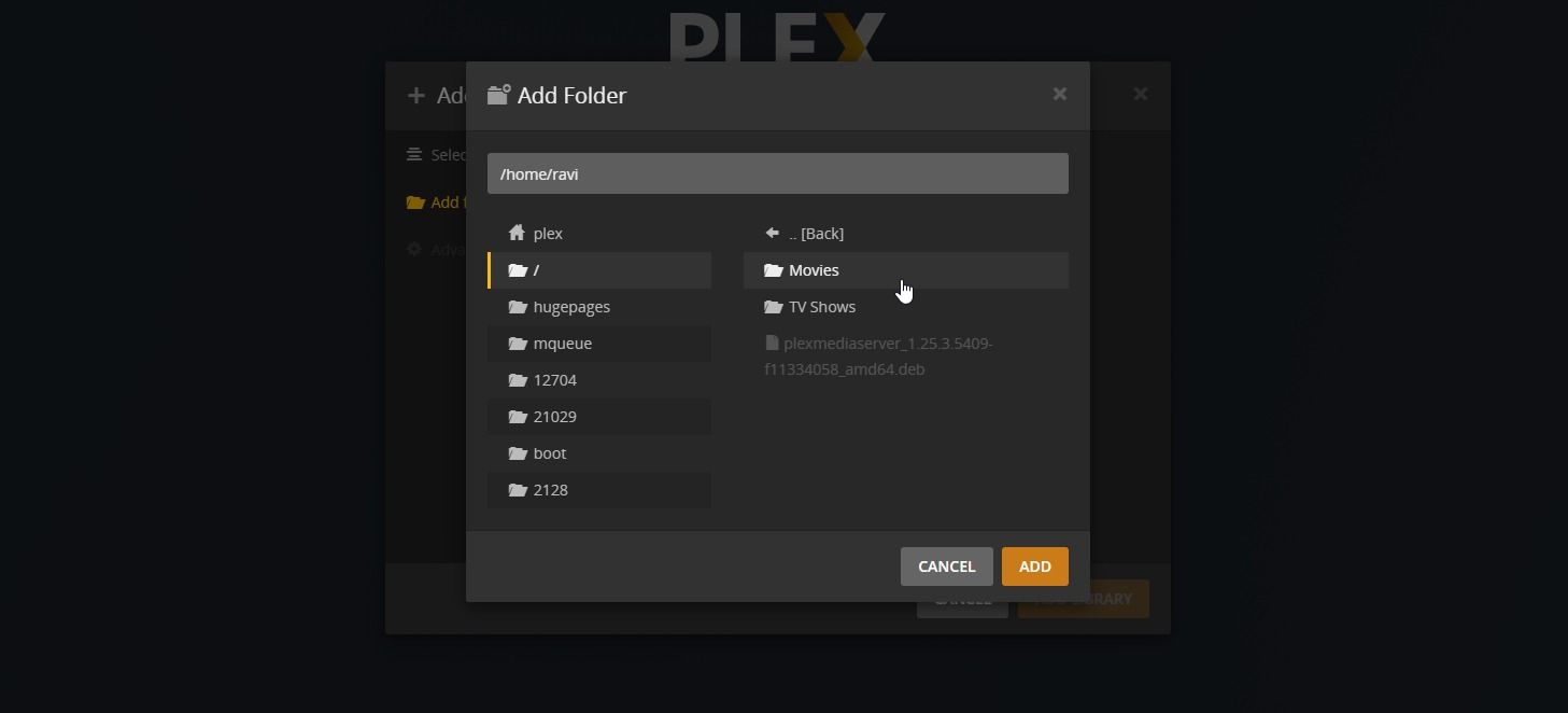 добавление папок в библиотеку Plex