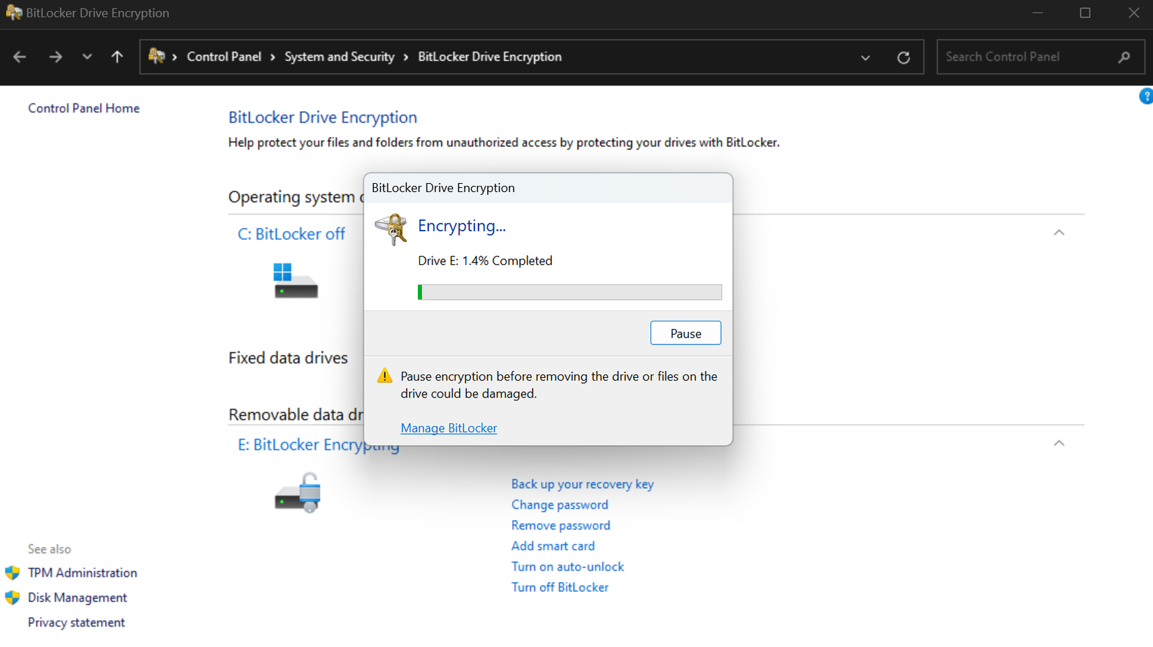 Экран Windows с настройками BitLocker и внешним диском