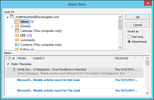 Меню выбора элементов Outlook для отправки
