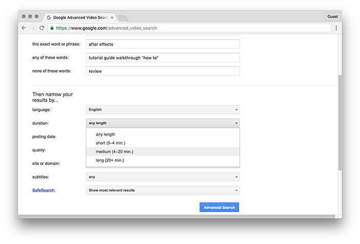 Фильтр длительности видео, выбран средний диапазон