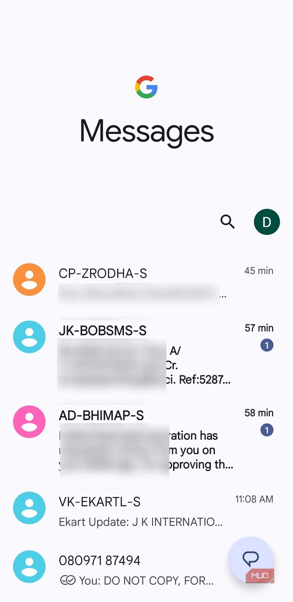 Главный экран приложения Google Messages