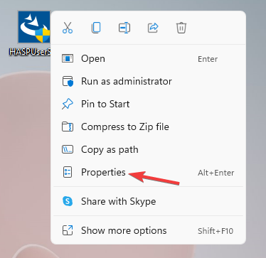 Правый клик на файле установки и выбор свойств