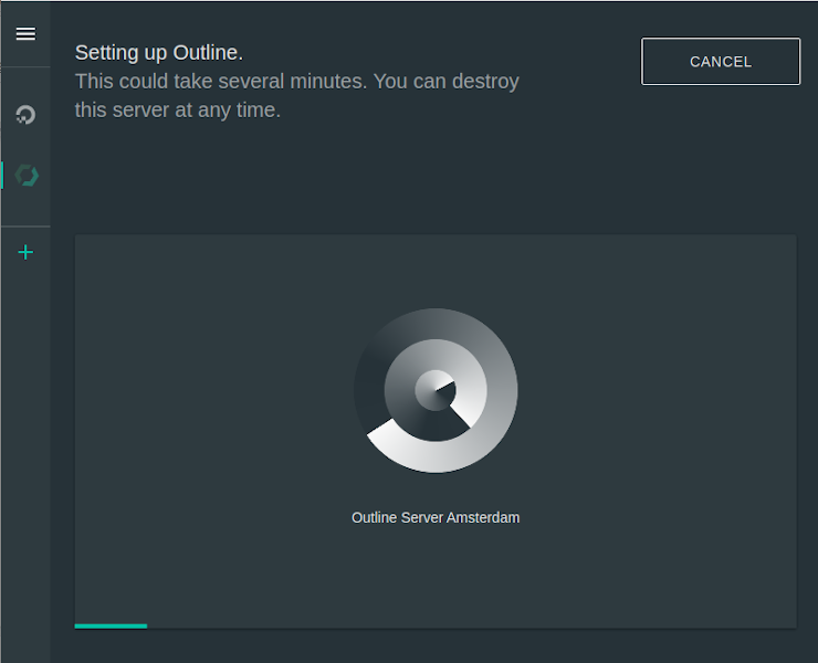 Экран установки Outline: прогресс настроек сервера