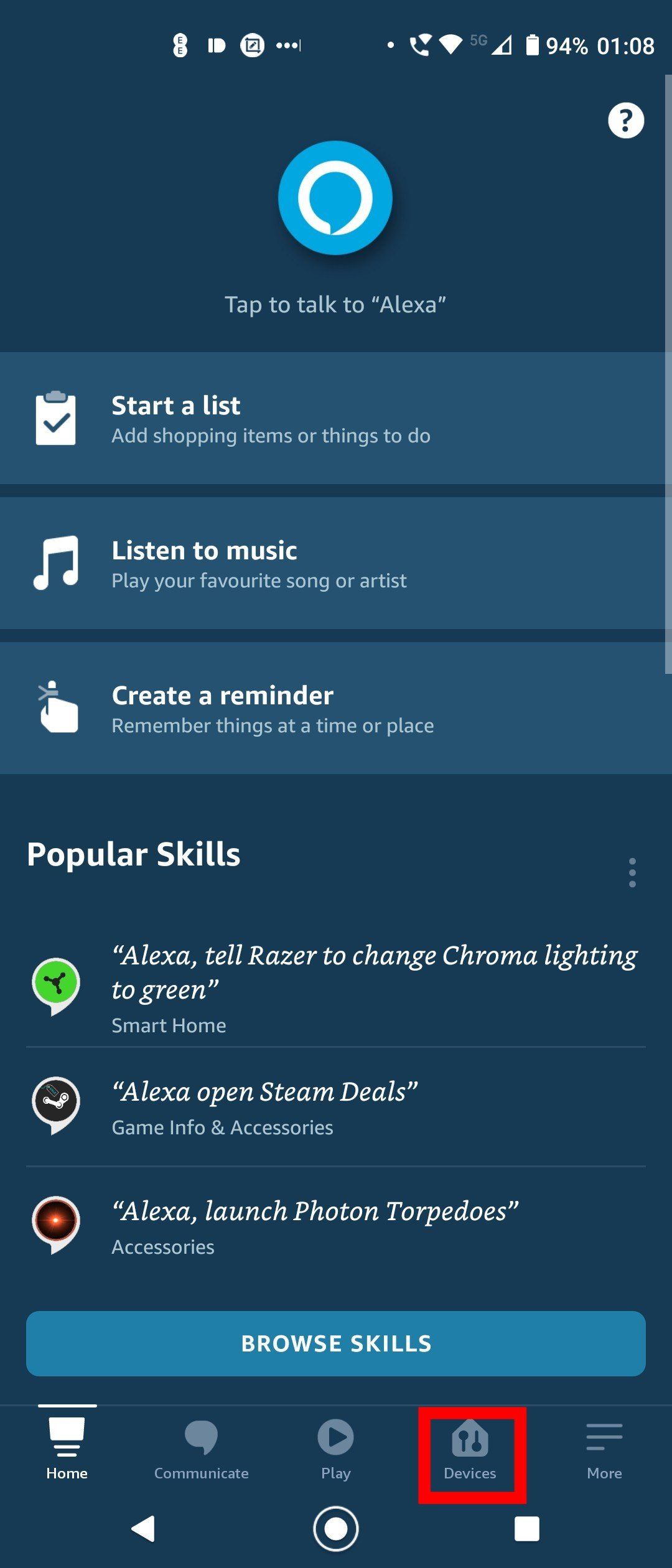 Раздел «Устройства» в приложении Alexa