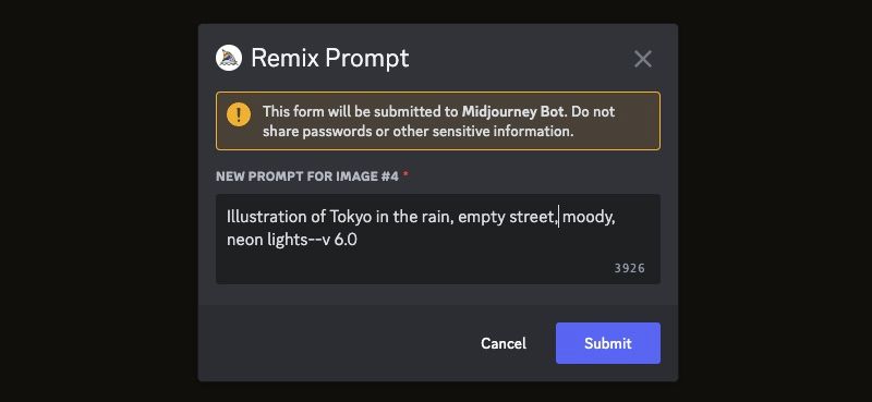 Диалог Remix Prompt в Midjourney