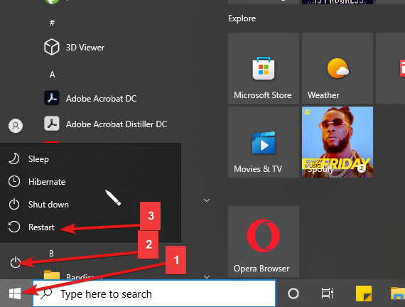 Меню Пуск с кнопкой питания