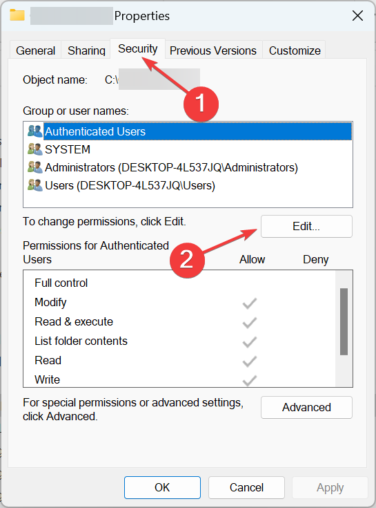 изменить права