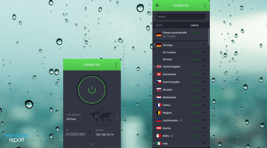 Окно приложения Private Internet Access (PIA) VPN на рабочем столе