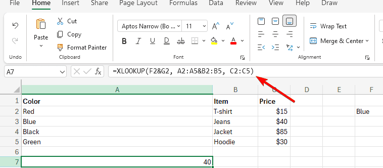 Формула XLOOKUP с конкатенацией столбцов