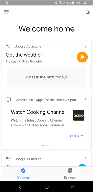 Главное окно Google Home на Android