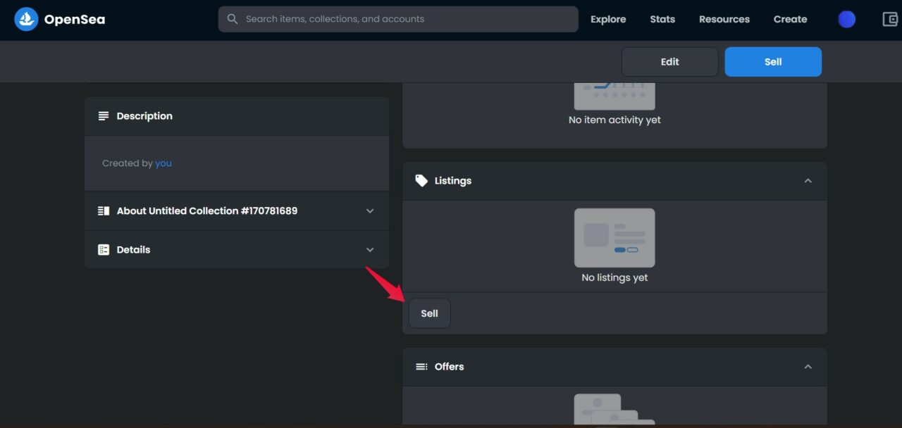 Кнопка Sell для выставления NFT на продажу