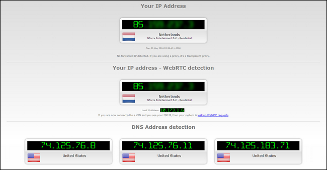 Скриншот IPLeak с активным VPN