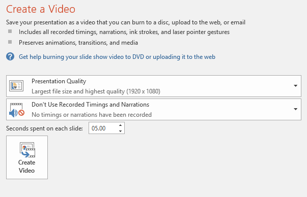Параметры экспорта PowerPoint 2016 — создать видео