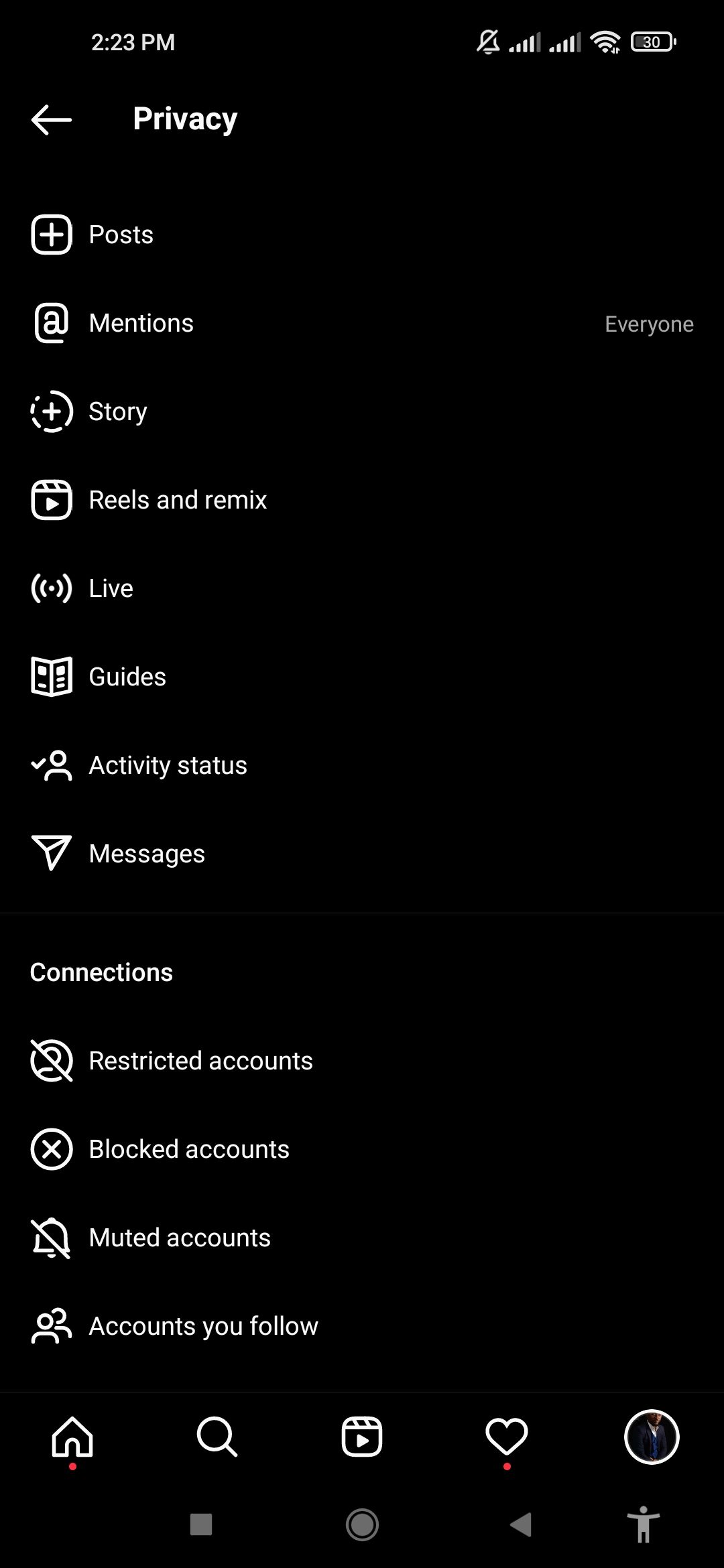 Настройки конфиденциальности Instagram на мобильном устройстве
