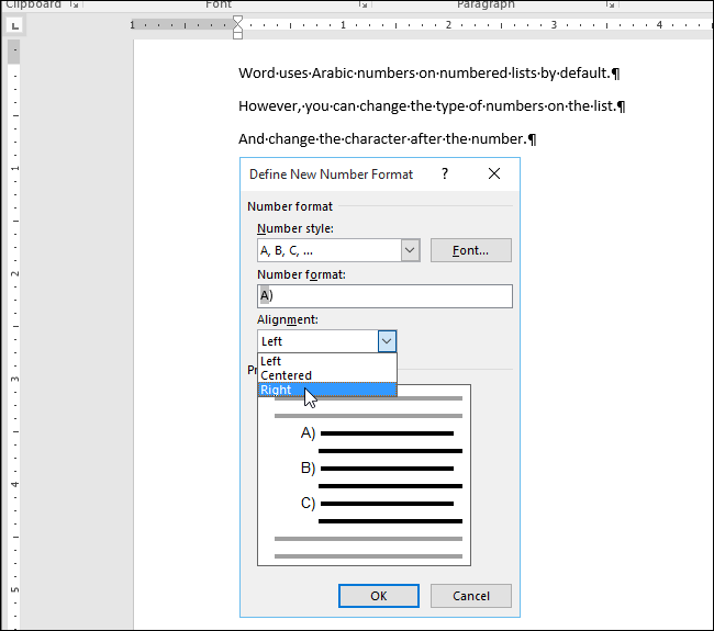 Изменение выравнивания номера