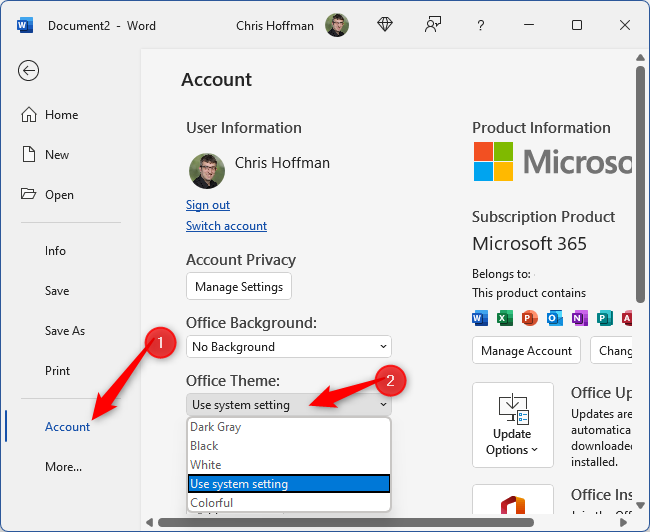 Вкладка 'Учетная запись' и выпадающее меню 'Office Theme' в настройках Office