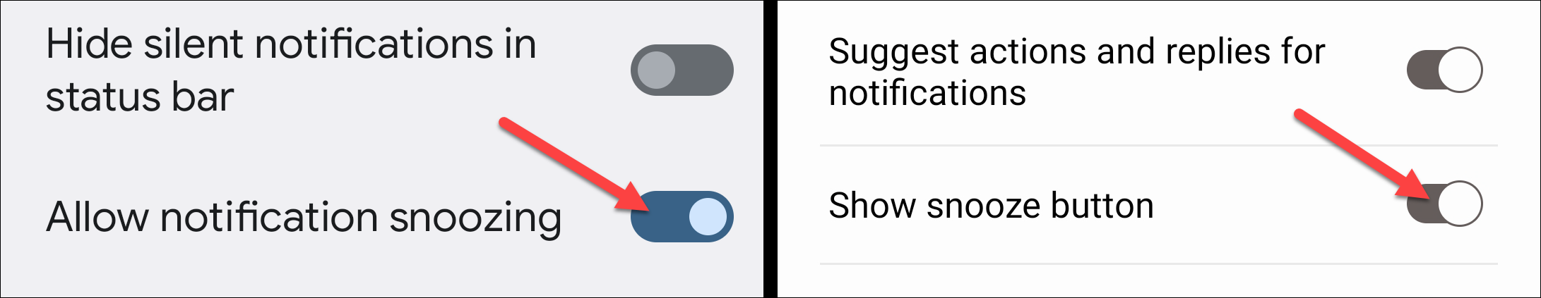Переключатель Разрешить отложение уведомлений выделен на экране.